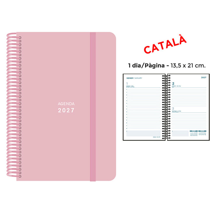 Agenda Espiral Finocam 13,5x21 cm Castellano D&iacute;a P&aacute;gina 2027 Rosa Pastel