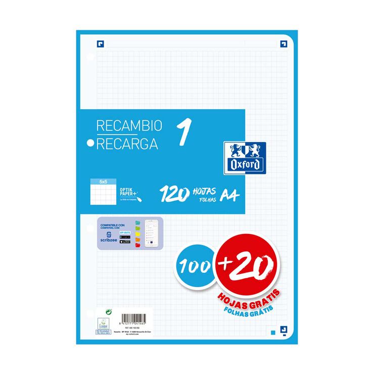 Recanvi Note book 1 Oxford A4 5x5 100+20 fulls turquesa