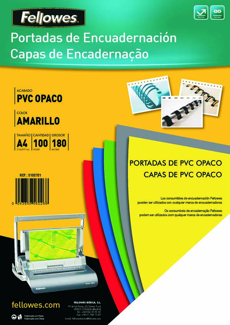 Tapa de encuadernar A4 Fellowes PVC 180 micras amarillo 100u