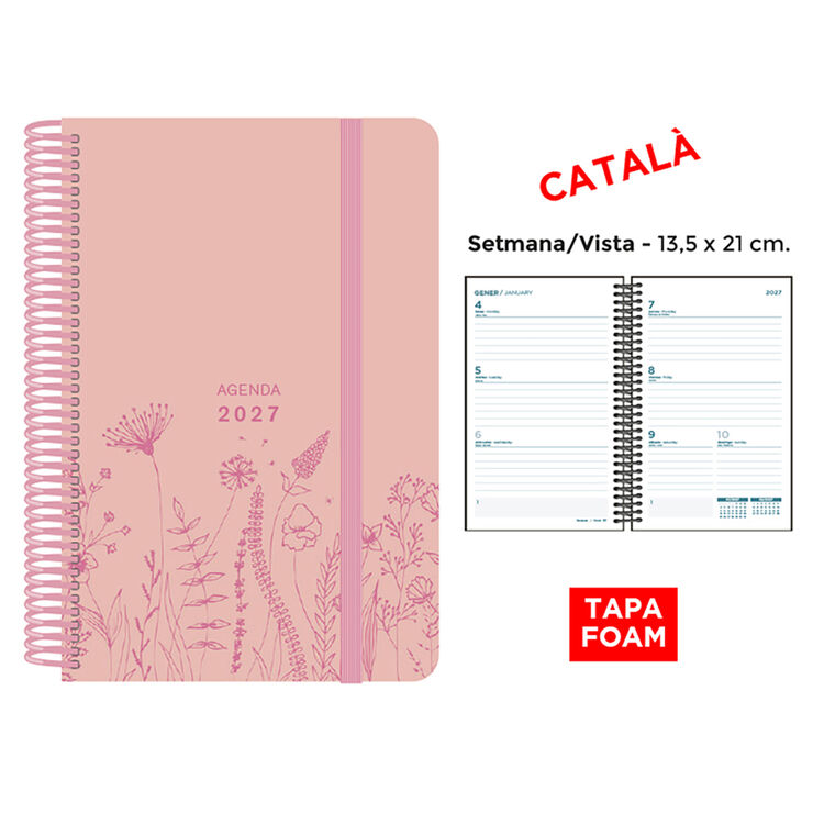 Agenda Espiral Finocam 13,5x21 cm Catal&aacute;n Semana Vista 2027 Foam Rosa