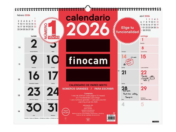 Calendario pared Finocam Mixto XL 2026 castellano