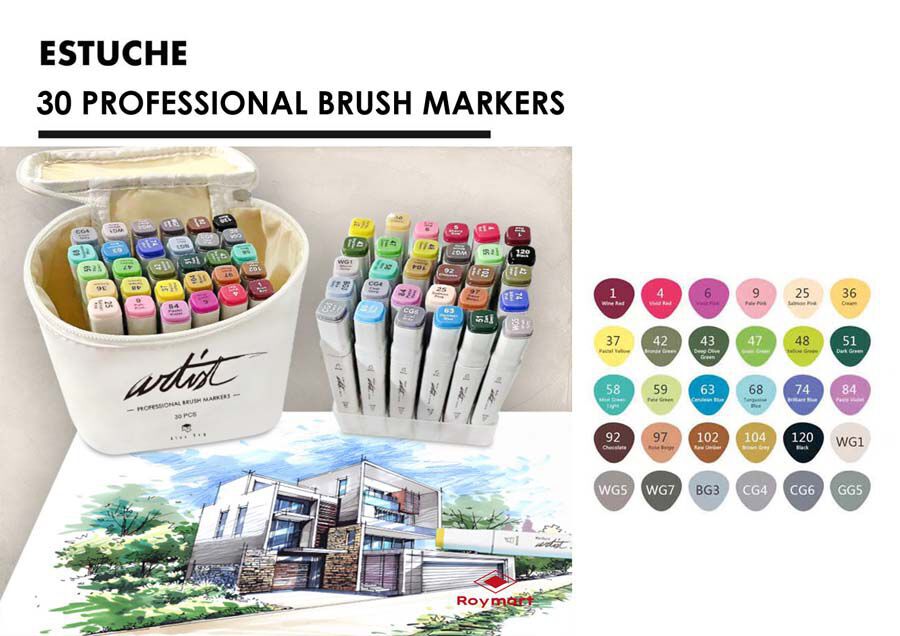 Estoig 30 Retoladors doble punta professionals Roymart Artist Brush