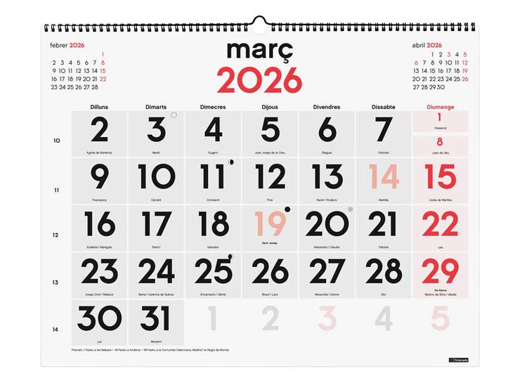 Calendario pared Finocam Mixto XL 2026 catalán