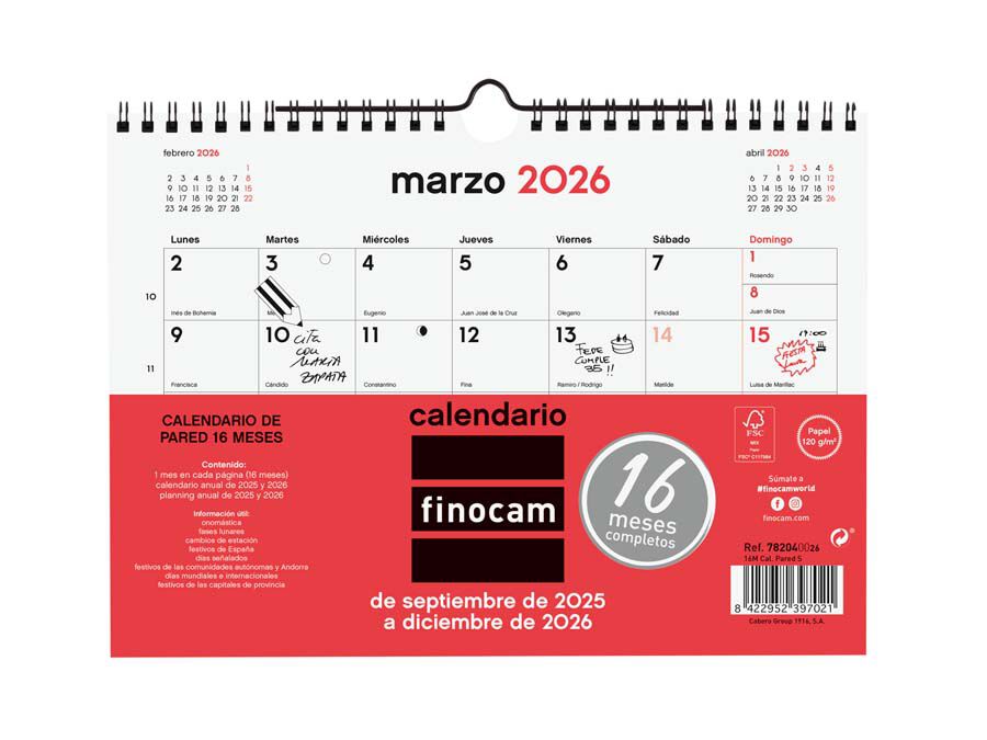 Calendari Finocam paret 16 mesos 21x15cm cas 2025-26