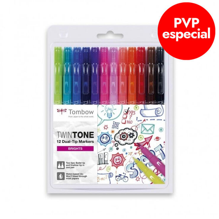 Rotuladores Tombow TwinTone Brillantes 12 colores