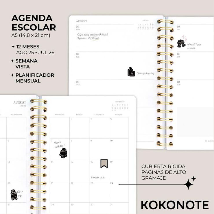 Agenda escolar Kokonote sem/vista inglés 2025-26 B. Nordic