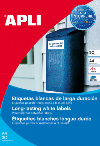 Etiqueta poli&eacute;ster l&aacute;ser Apli 210x297mm 20u