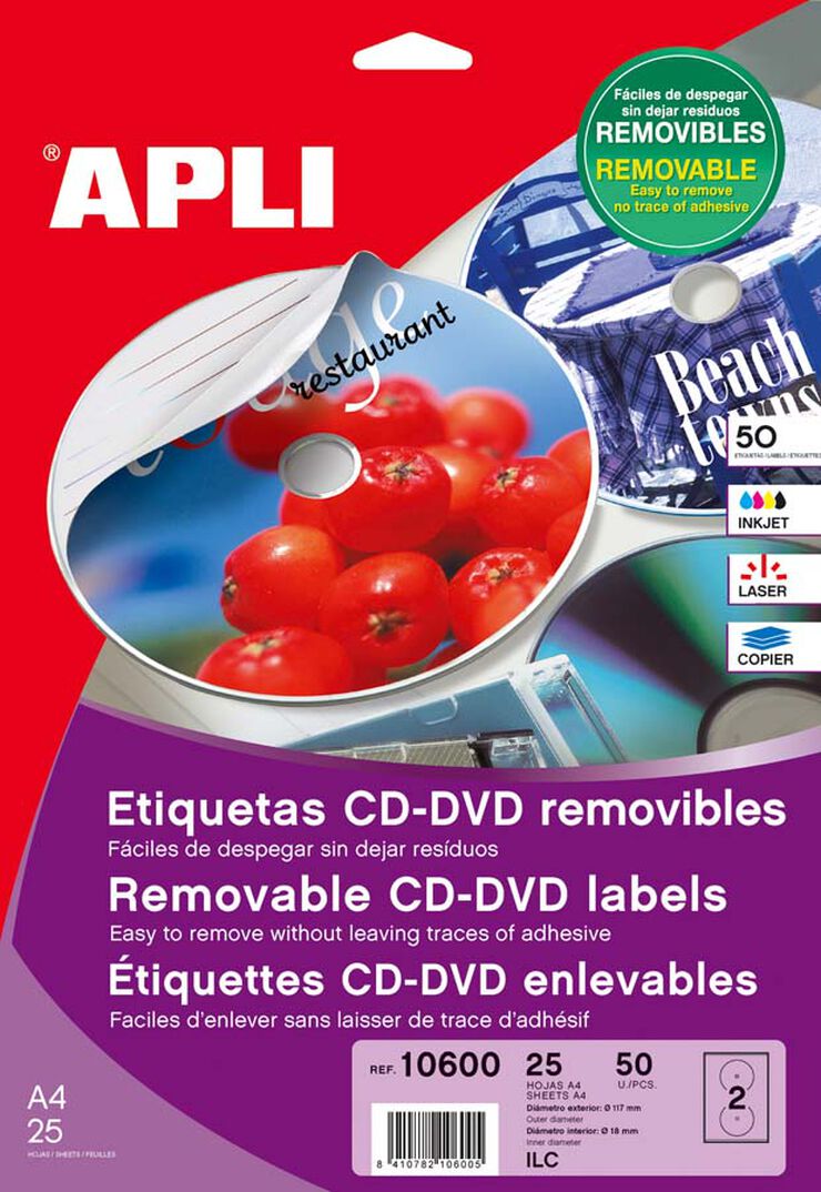 Etiqueta removible CD Apli 25 hojas