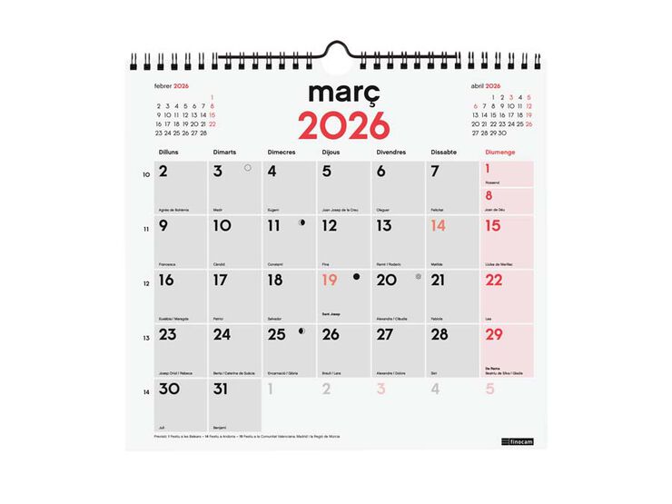 Calendari paret Finocam Escriure M 2026 catal&agrave;