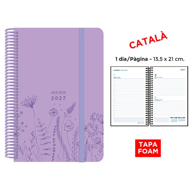 Agenda Espiral Finocam 13,5x21 cm Catal&aacute;n D&iacute;a P&aacute;gina 2027 Foam Lila