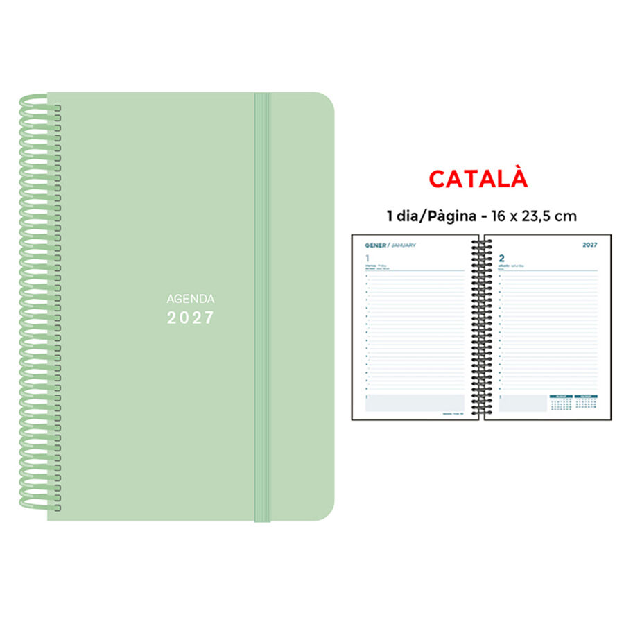 Agenda Espiral Finocam 16x23,5 cm Catal&aacute;n D&iacute;a P&aacute;gina 2027 Verde Pastel