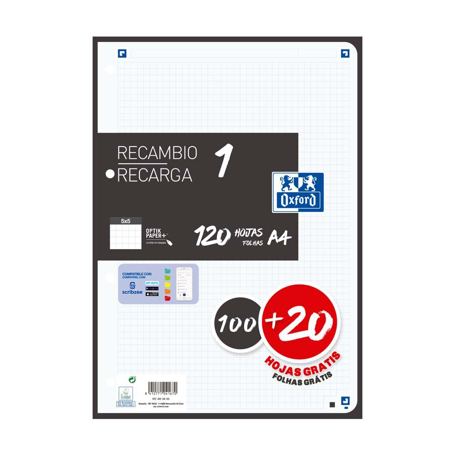 Recanvi Note book 1 Oxford A4 5x5 100+20 fulls negre
