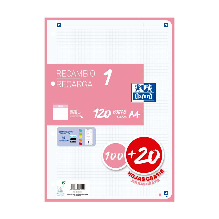 Recambio Note book 1 Oxford A4 5x5 100+20 hojas rosa