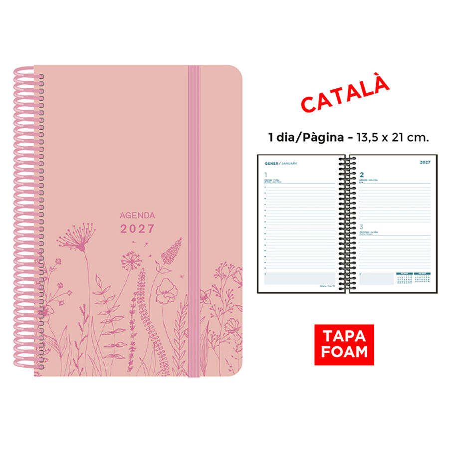 Agenda Espiral Finocam 13,5x21 cm Catal&aacute;n D&iacute;a P&aacute;gina 2027 Foam Rosa
