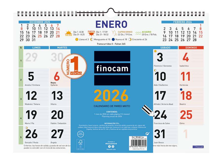 Calendari paret Finocam Color Mixte L 43x31 2026 castell&agrave;