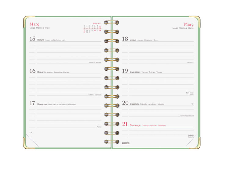 Agenda Finocam Alma Semana Vista Horizontal 2027 Catal&aacute;n Verde