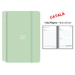 Agenda Espiral Finocam 13,5x21 cm Catal&aacute;n D&iacute;a P&aacute;gina 2027 Verde Pastel