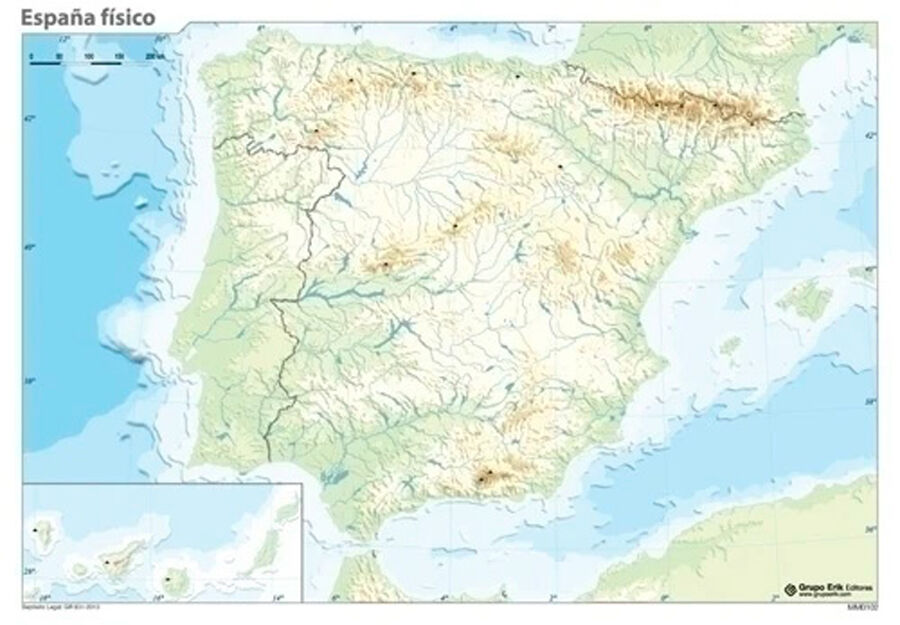 Mapa mudo f&iacute;sico Espa&ntilde;a (Color) - Pack 50 uds