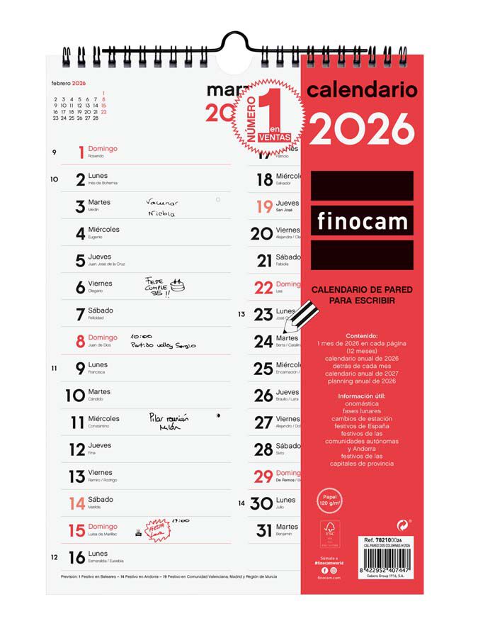 Calendari paret Finocam Escriure dues columnes M 2026 castell&agrave;