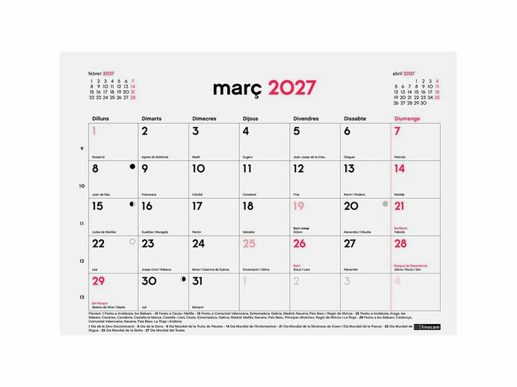 Calendario Bloc Im&aacute;n Finocam 16M 21x15cm Catal&aacute;n 2026-27