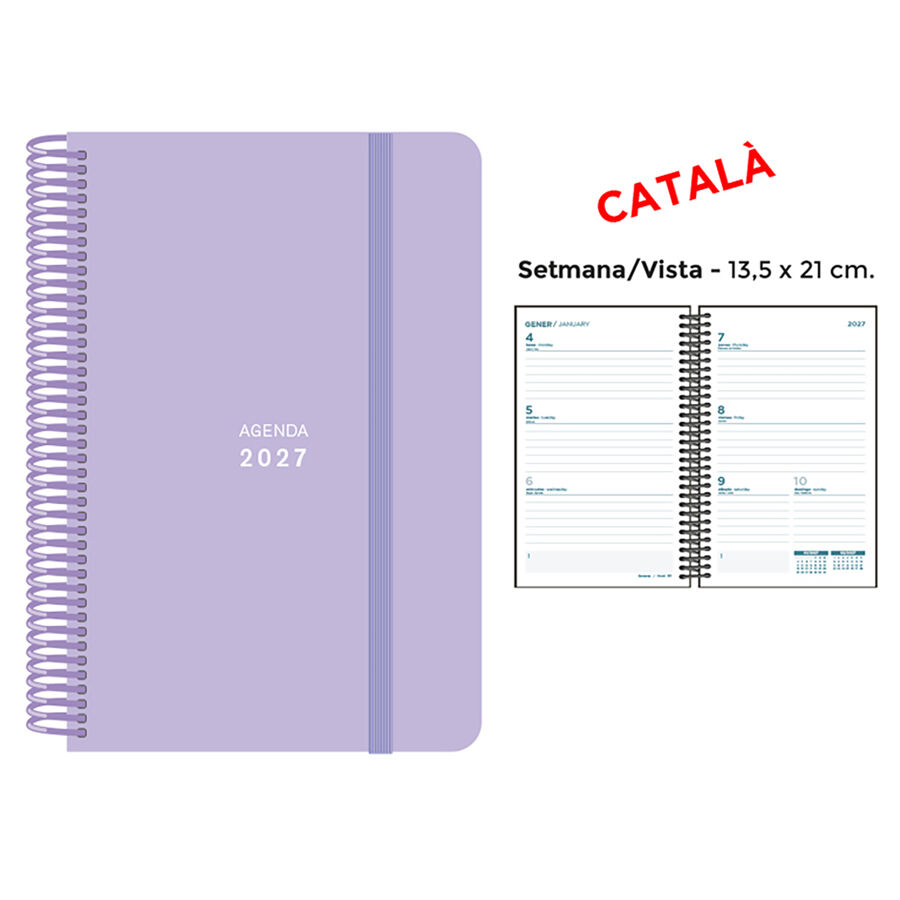 Agenda Espiral Finocam 13,5x21 cm Catal&aacute;n Semana Vista 2027 Lila Pastel