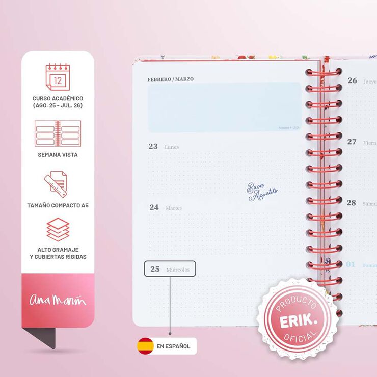 Agenda escolar Erik A5 setm/vista castellà 2025-26 Ana Marin La dolce vita