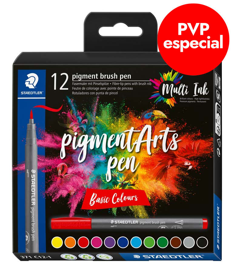 Rotuladores pincel Staedtler Pigment Arts b&aacute;sicos 12 colores