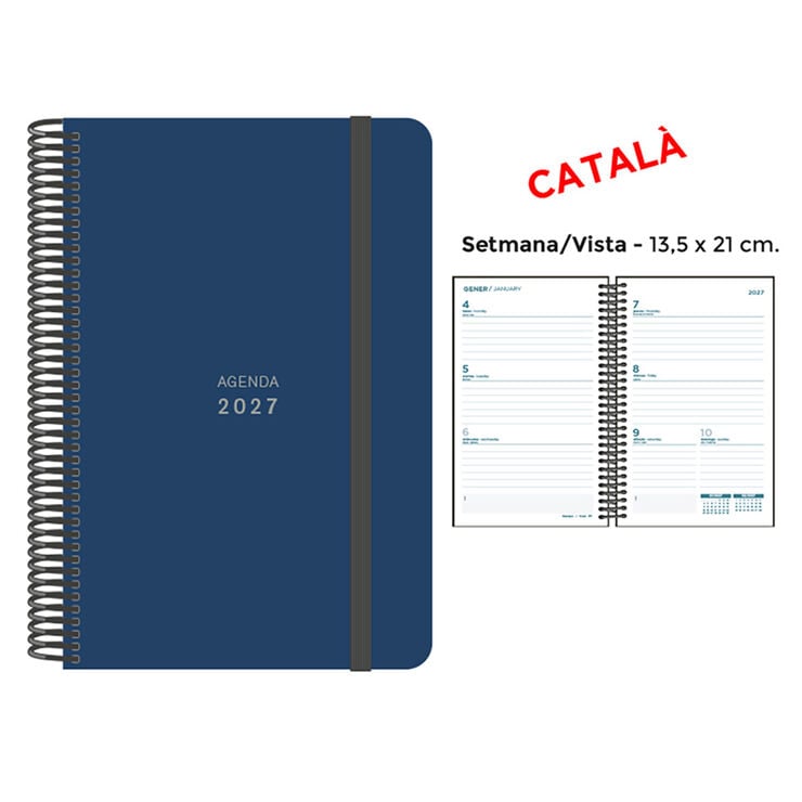 Agenda Espiral Finocam 13,5x21 cm Catal&aacute;n Semana Vista 2027 Azul Oscuro
