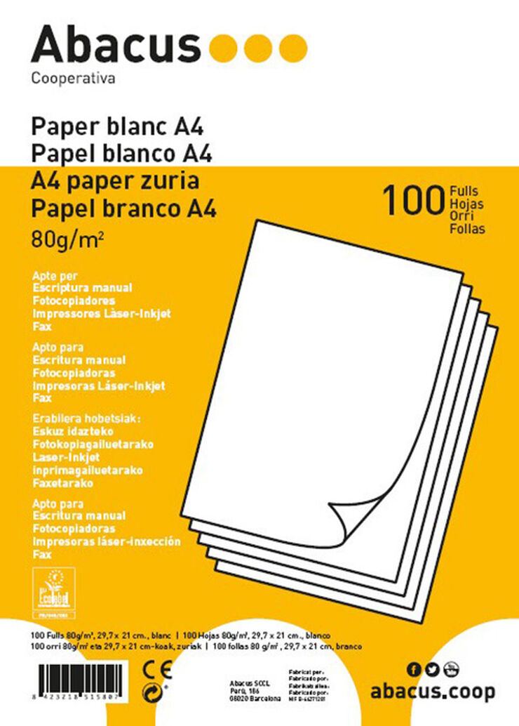 Paper blanc A4 Abacus 100 fulls de 80 grams