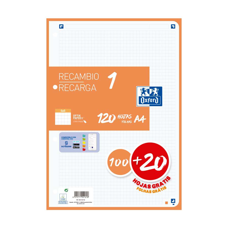 Recanvi Note book 1 Oxford A4 5x5 100+20 fulls taronja