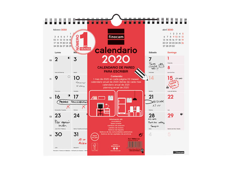 Calendario Pared para escribir M 2020 Castellano Rojo