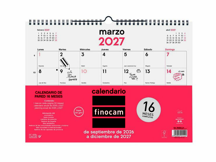Calendario Pared Finocam 16M 34x24cm Castellano 2026-27
