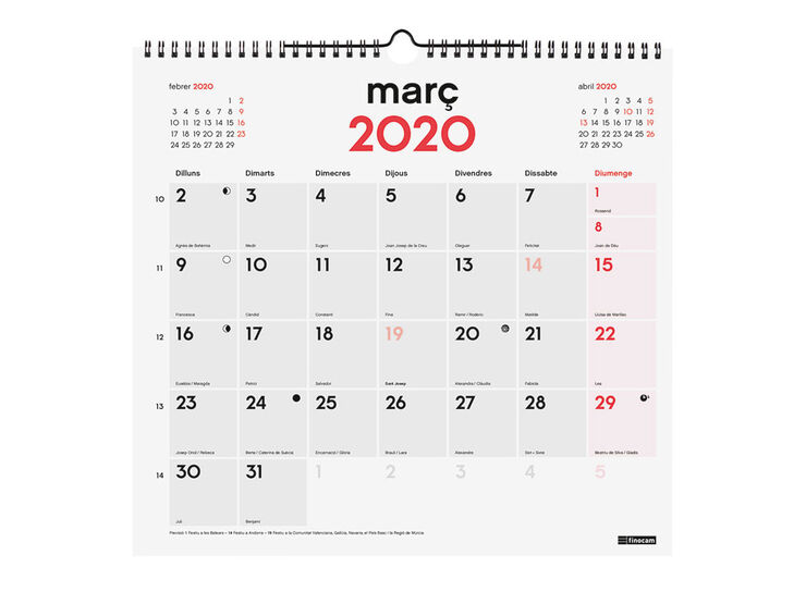 Calendari Paret per escriure L 2020 Català Vermell