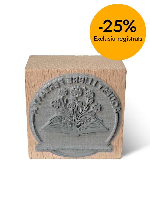Segell Exlibris fusta Llibre i Flors 6x6cm