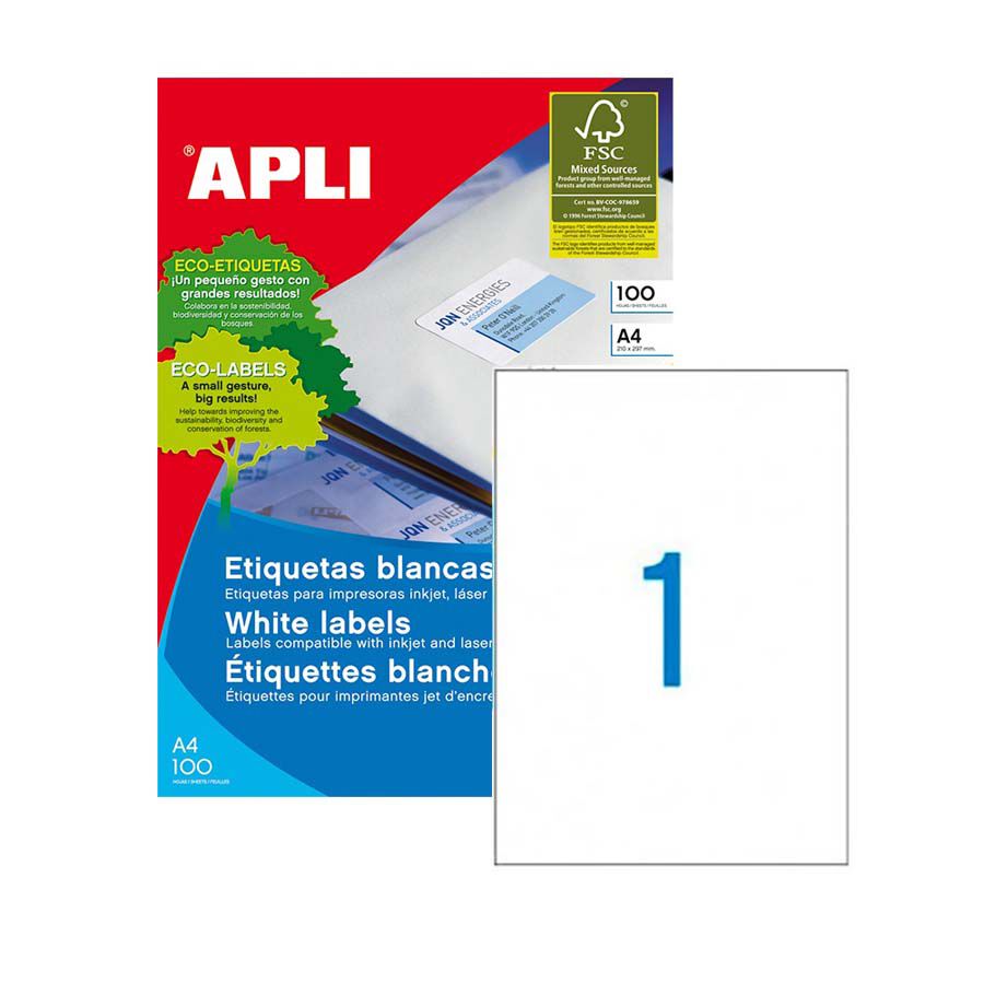 Etiqueta Inkjet A4 Apli 210x297mm 100 fulls