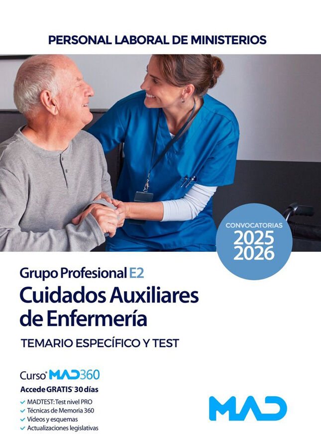 Cuidados Auxiliares de Enfermer&iacute;a. (Grupo Profesional E2). Personal laboral de Ministerios. Temario y test parte espec&iacute;fica