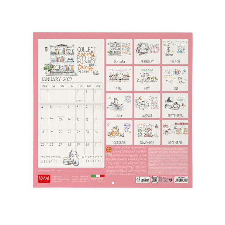 Calendario Legami 30x29 Pared Sketchy Cats Multiling&uuml;e 2027