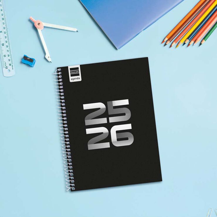Agenda Finocam escolar Cool 1/4 sem/vista cat 2025-26 negro