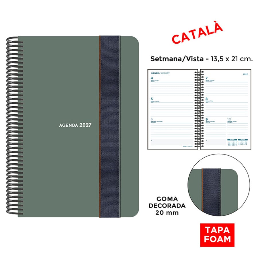 Agenda Espiral Finocam 13,5x21 cm Catal&aacute;n Semana Vista Foam 2027 Verde Oscuro