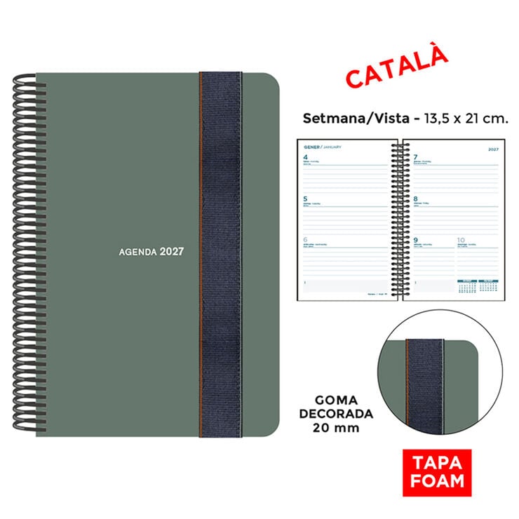 Agenda Espiral Finocam 13,5x21 cm Catal&aacute;n Semana Vista Foam 2027 Verde Oscuro