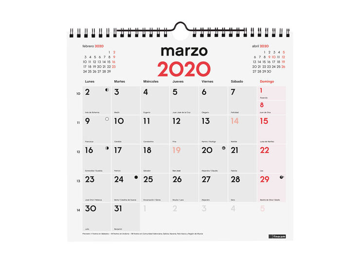 Calendario Pared para escribir M 2020 Castellano Rojo