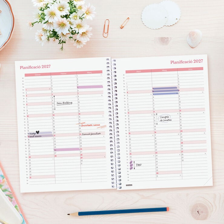 Agenda Finocam Design Collection Setmana Vista Horitzontal 2027 Catal&agrave; Flora