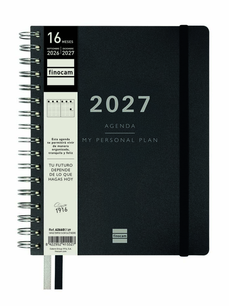 Agenda Finocam 16M Tempus 1/4 Sem/Vista Vertical Castellano 2026-27 Negro
