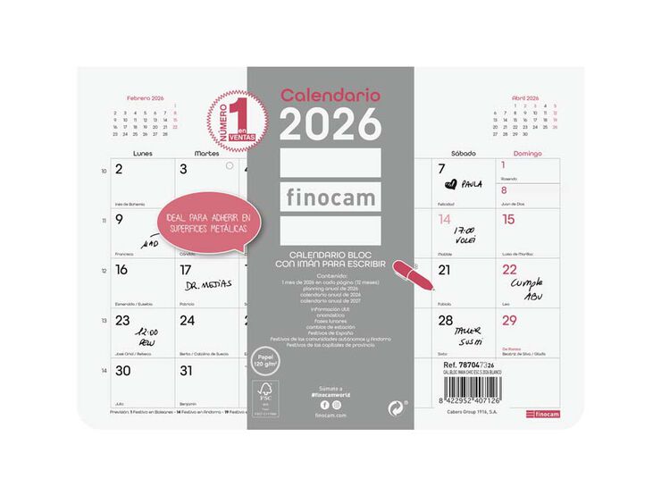Calendario bloc imán Finocam Chic Escribir S 2026 castellano blanco