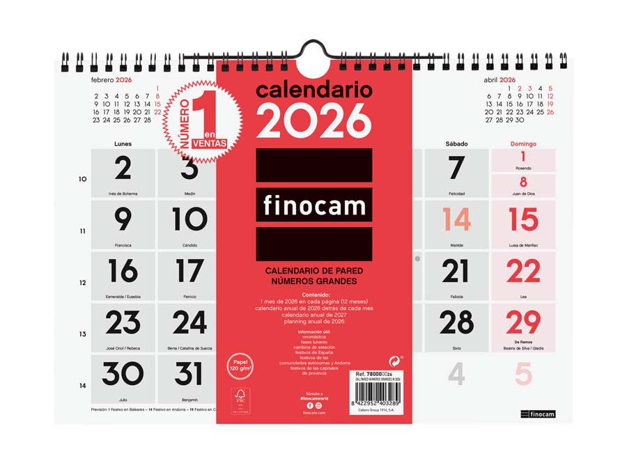 Calendari paret Finocam N&uacute;meros grans M 2026 castell&agrave;