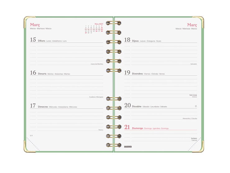 Agenda Finocam Alma Semana Vista Horizontal 2027 Catal&aacute;n Verde