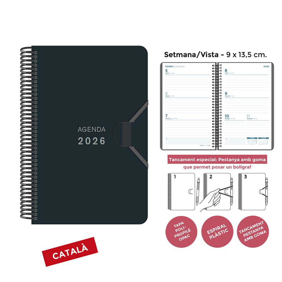 Agenda espiral Senfort 9X13,5 sem/vista catal&aacute;n 2026 negro