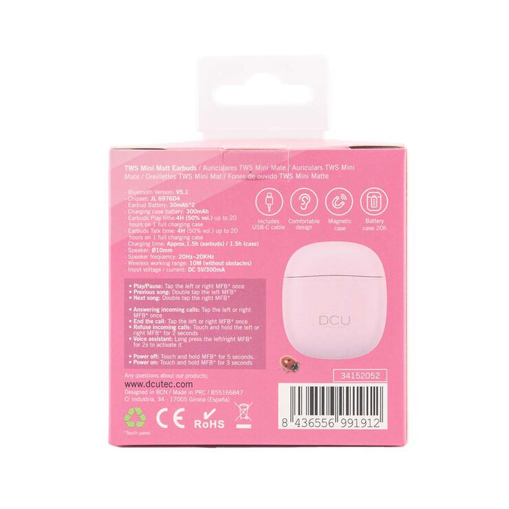 Auriculares Botón Bluetooth 5.1 DCU Rosa