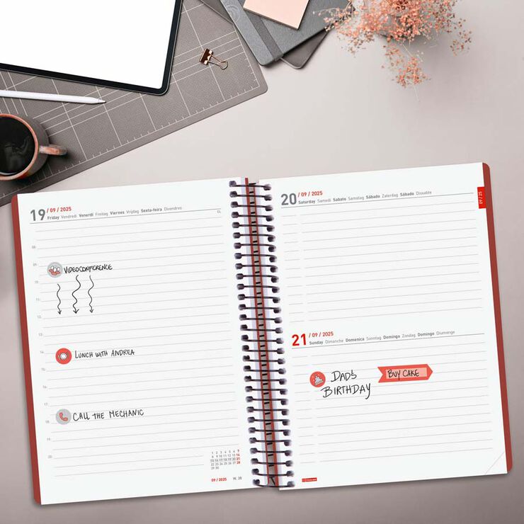 Agenda Finocam 16 meses Ikon E10 día/pág mult 2025-26 burdeus