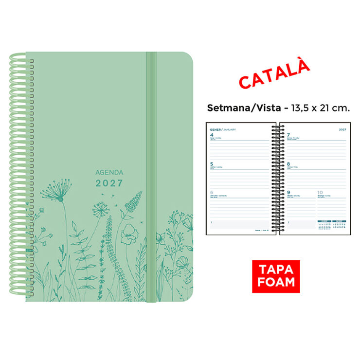Agenda Espiral Finocam 13,5x21 cm Catal&aacute;n Semana Vista 2027 Foam Verde